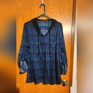 Always Indigo 2X Long sleeve button down with hood.  Brand new, never worn